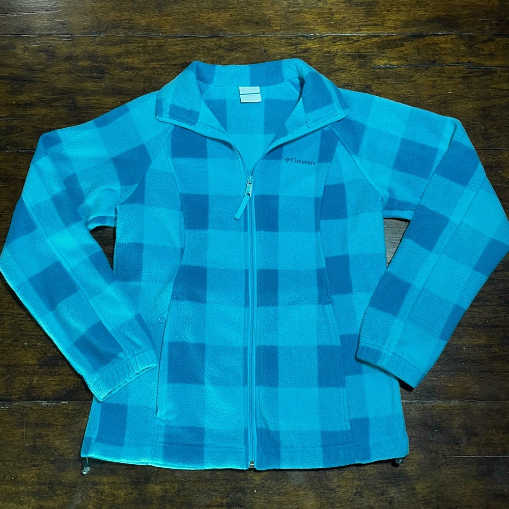 Columbia Womens Sz S Blue Plaid Fleece Jacket Full‎ Zip Outdoor Casual Athletic